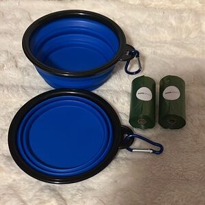 Lot Of 2 Collapsible silicone pet bowl with 2 roll of dog waste bags